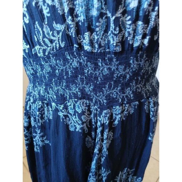 Bila Womens Maxi Dress L Blue Floral Smocked Split Neck Sleeveless Double Slit - Picture 5 of 16